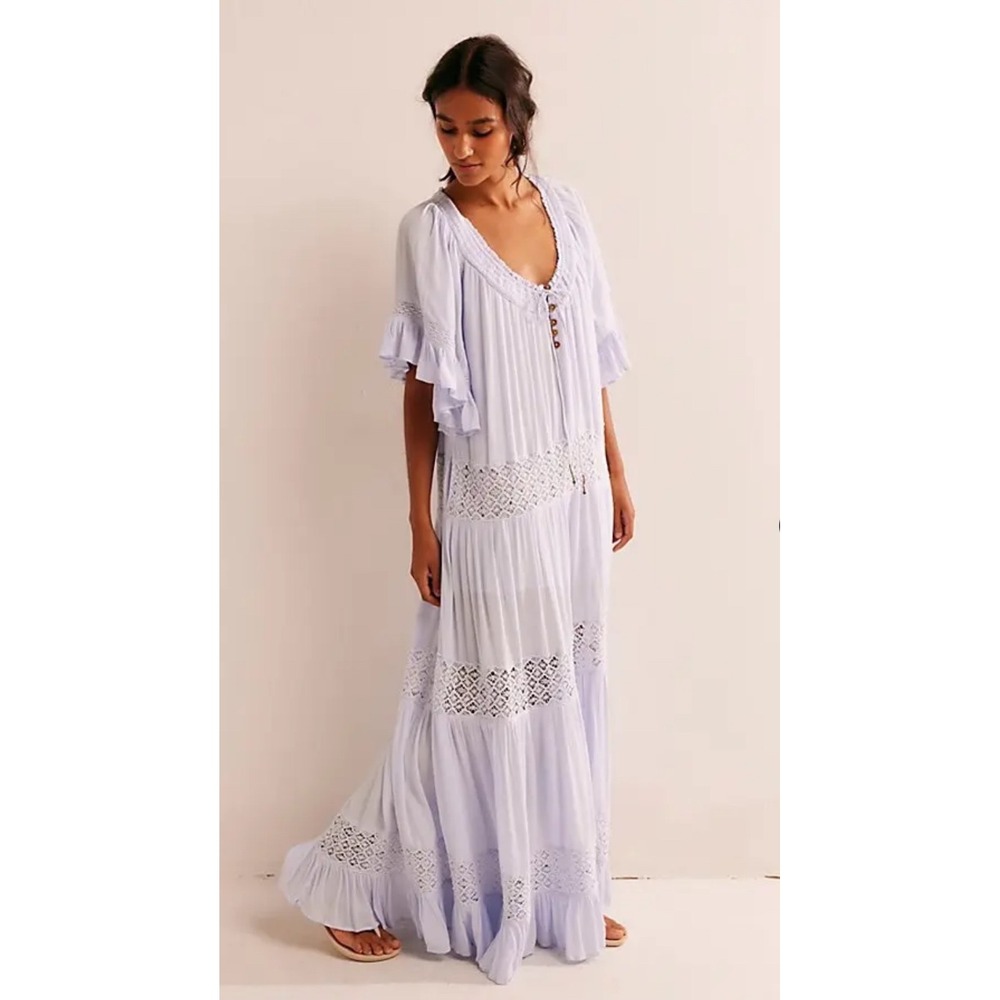 Free People Dream On Maxi Dress Dusty Lavender Purple Boho Lace Tiered Medium - Picture 2 of 9